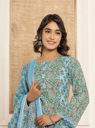 Blue Cotton Floral Print Straight Shape Suit Set with Voile Dupatta