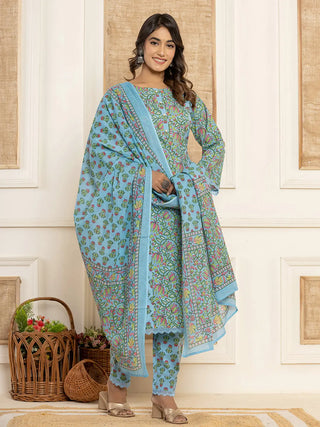 Blue Cotton Floral Print Straight Shape Suit Set with Voile Dupatta