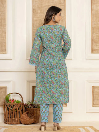 Blue Cotton Floral Print Straight Shape Suit Set with Voile Dupatta