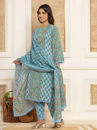 Blue Cotton Floral Print Straight Shape Suit Set with Voile Dupatta