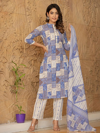 Blue Cotton Geometric Print Straight Shape Suit Set with Voile Dupatta