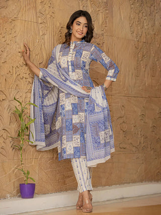 Blue Cotton Geometric Print Straight Shape Suit Set with Voile Dupatta