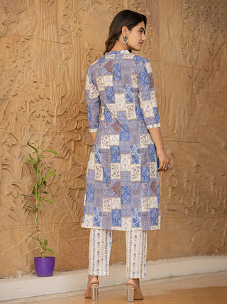 Blue Cotton Geometric Print Straight Shape Suit Set with Voile Dupatta