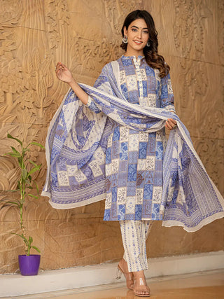 Blue Cotton Geometric Print Straight Shape Suit Set with Voile Dupatta