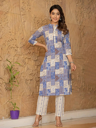 Blue Cotton Geometric Print Straight Shape Suit Set with Voile Dupatta