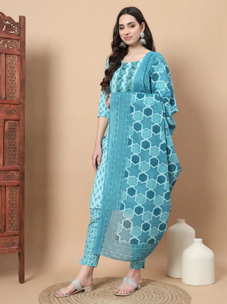 Blue Cotton Ethnic Motif Print Straight Shape Suit Set with Voile Dupatta