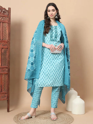 Blue Cotton Ethnic Motif Print Straight Shape Suit Set with Voile Dupatta