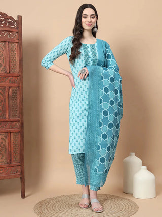 Blue Cotton Ethnic Motif Print Straight Shape Suit Set with Voile Dupatta