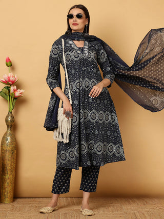 Navy Blue Viscose Rayon Floral Print Suit Set with Dupatta