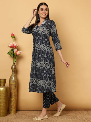 Navy Blue Viscose Rayon Floral Print Suit Set with Dupatta
