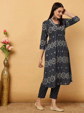 Navy Blue Viscose Rayon Floral Print Suit Set with Dupatta