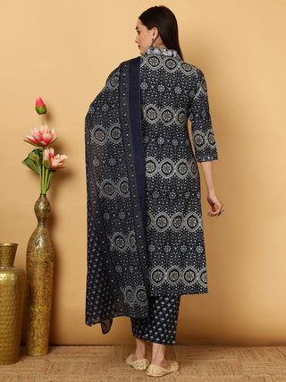Navy Blue Viscose Rayon Floral Print Suit Set with Dupatta