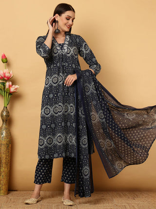 Navy Blue Viscose Rayon Floral Print Suit Set with Dupatta