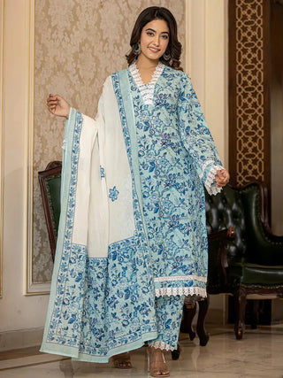 Blue & White Cotton Floral Print Regular Style Suit Set with Voile Dupatta