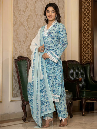 Blue & White Cotton Floral Print Regular Style Suit Set with Voile Dupatta