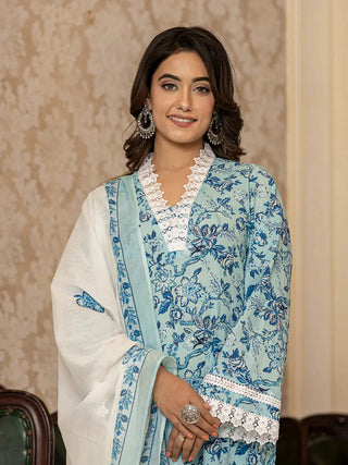 Blue & White Cotton Floral Print Regular Style Suit Set with Voile Dupatta