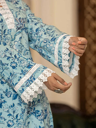 Blue & White Cotton Floral Print Regular Style Suit Set with Voile Dupatta