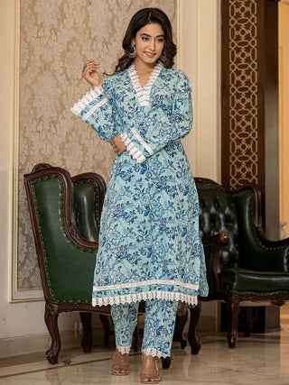 Blue & White Cotton Floral Print Regular Style Suit Set with Voile Dupatta