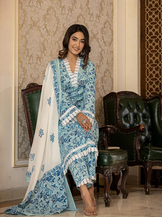 Blue & White Cotton Floral Print Regular Style Suit Set with Voile Dupatta