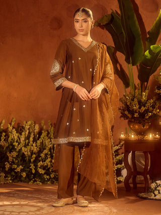 Brown Viscose Chanderi Embroidered & Gota Patti Work Ethnic A-Line Kurta Set with Dupatta