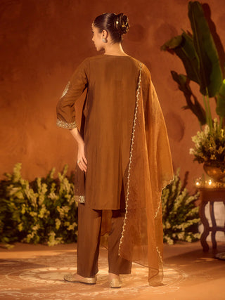 Brown Viscose Chanderi Embroidered & Gota Patti Work Ethnic A-Line Kurta Set with Dupatta