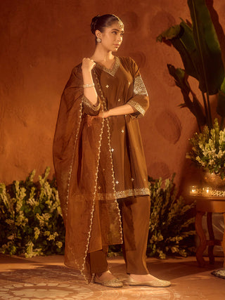 Brown Viscose Chanderi Embroidered & Gota Patti Work Ethnic A-Line Kurta Set with Dupatta