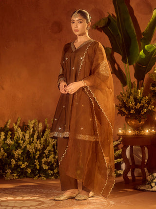 Brown Viscose Chanderi Embroidered & Gota Patti Work Ethnic A-Line Kurta Set with Dupatta