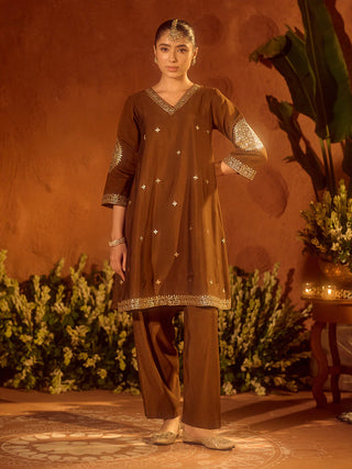 Brown Viscose Chanderi Embroidered & Gota Patti Work Ethnic A-Line Kurta Set with Dupatta