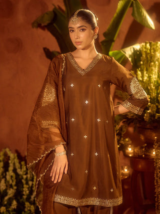 Brown Viscose Chanderi Embroidered & Gota Patti Work Ethnic A-Line Kurta Set with Dupatta