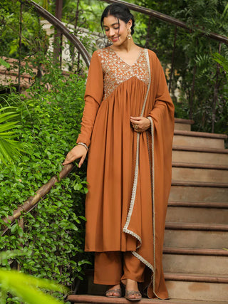 Brown Georgette Yoke Embroidered A Line Suit Set with Dupatta