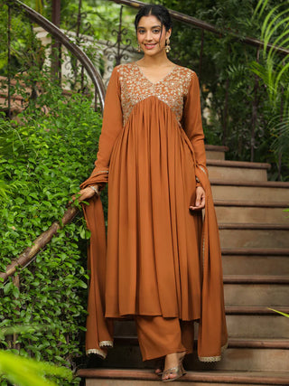 Brown Georgette Yoke Embroidered A Line Suit Set with Dupatta