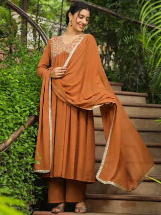 Brown Georgette Yoke Embroidered A Line Suit Set with Dupatta