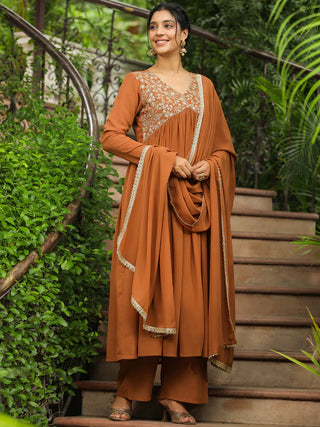 Brown Georgette Yoke Embroidered A Line Suit Set with Dupatta