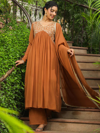 Brown Georgette Yoke Embroidered A Line Suit Set with Dupatta