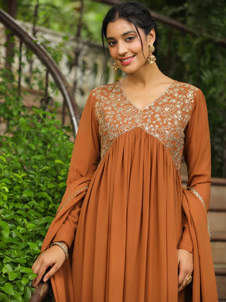 Brown Georgette Yoke Embroidered A Line Suit Set with Dupatta