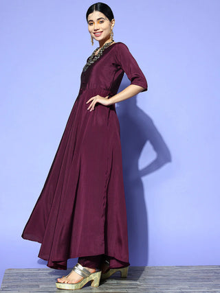 Burgundy Solid Anarkali Suit Set with Dupatta