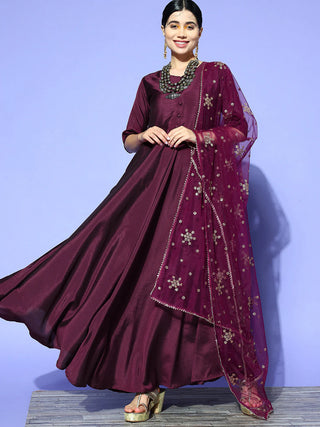 Burgundy Solid Anarkali Suit Set with Dupatta