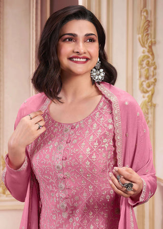 Baby Pink Chinon Silk Embroidered Suit Set with Dupatta