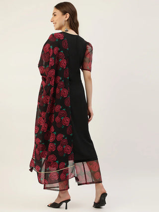 Black & Red Crepe Printed Suit Set with Organza Dupatta