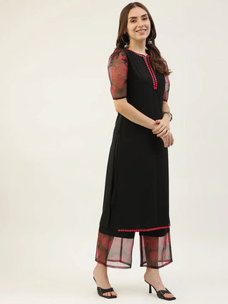 Black & Red Crepe Printed Suit Set with Organza Dupatta