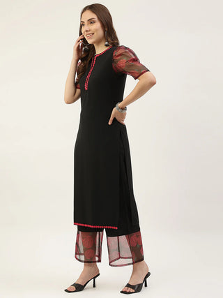 Black & Red Crepe Printed Suit Set with Organza Dupatta