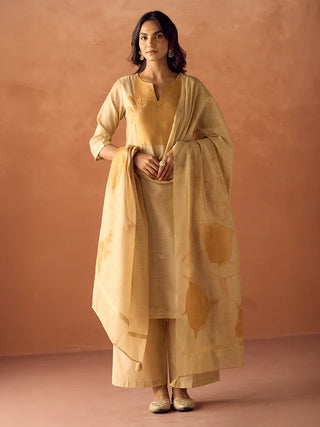 Beige Cotton Blend Jacquard Woven Suit Set with Organza Dupatta