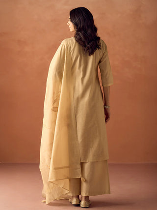 Beige Cotton Blend Jacquard Woven Suit Set with Organza Dupatta
