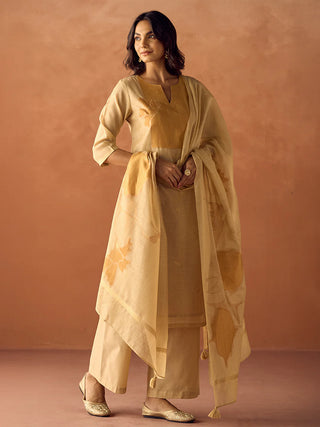 Beige Cotton Blend Jacquard Woven Suit Set with Organza Dupatta
