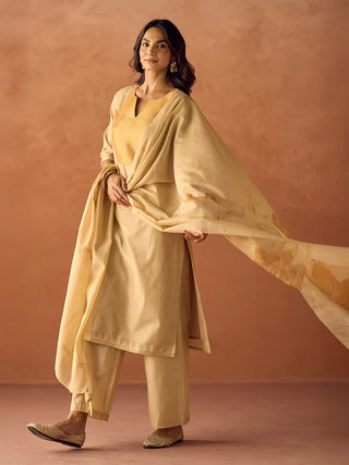 Beige Cotton Blend Jacquard Woven Suit Set with Organza Dupatta