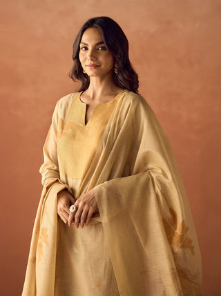 Beige Cotton Blend Jacquard Woven Suit Set with Organza Dupatta
