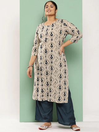 Beige & Navy-Blue Cotton Ethnic Motif Printed Kurta Palazzo Set