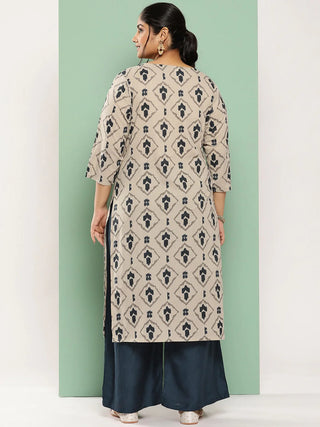 Beige & Navy-Blue Cotton Ethnic Motif Printed Kurta Palazzo Set