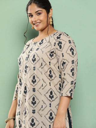 Beige & Navy-Blue Cotton Ethnic Motif Printed Kurta Palazzo Set