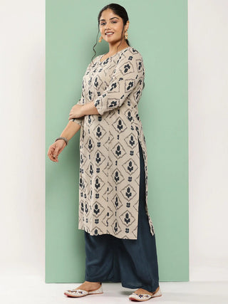 Beige & Navy-Blue Cotton Ethnic Motif Printed Kurta Palazzo Set